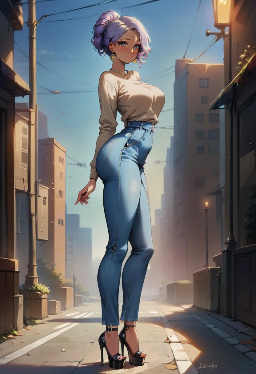 score_9, score_8_up, score_7_up, score_6_up, score_5_up, score_4_up, solo, 1girl, pretty 25 year old girl, tattoogirl, light purple hair, curly hair, hair until shoulder, blush, freckles, seducing viewer, modest look, big grey eyes, (perfect eyes), big necklace, small earrings, blush, sweater_top, (sweater_top material: pullover style), medium long sleeves, large full breasts, wide hips narrow waist, big round bubble butt, Flared jeans, Flared pants, long legs, sexy legs, high heels, shiny skin BREAK outside, blue sky, city, busy street, many people on the street, standing, close up, front view, (front view 3/4), side view, (side view 1/4), sexy pose,