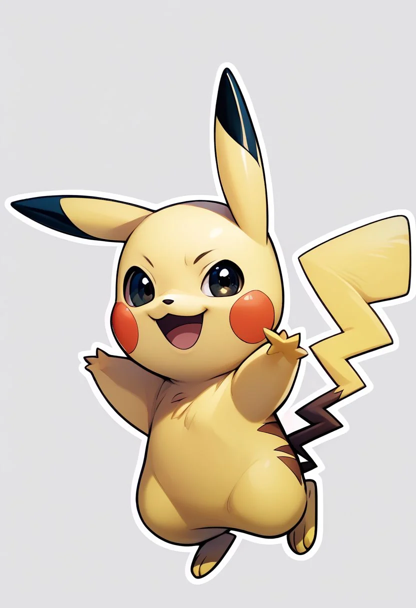 score_9, score_8_up, score_7_up, vivid bright colors,
zzPikachu, :3, animal ears, arms up, black eyes, full body, looking at viewer, official art, open mouth, outline, pokemon lgpe, simple background, smile, standing, straight-on, tail, transparent background, white outline