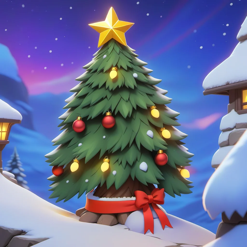 chibi,christmas_tree,snow,night,on the cliff,ribbon,colored lights,starry_sky,Tyndall effect,star \(symbol\),there's snow on the trees,sky,no humans,spikes,snowing,in the style of temmie chang,in the style of realistic and hyper-detailed renderings,strong diagonals,colorful illustrations,2D game art,black outline,3D rendering,4k resolution,best Quality,<lora:Christmas tree_XSE_V1-000010:1.2>,