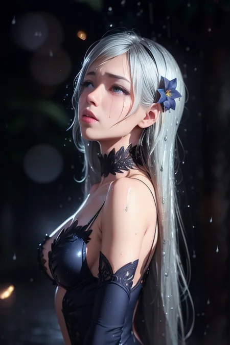 fashion photography portrait of a godness,
in blue lush jungle with flowers and birds,
3d render, cgi, symetrical, octane render, 35mm, bokeh, 9:16, (intricate details:1.12), hdr, (intricate details, hyperdetailed:1.15), (natural skin texture, hyperrealism, soft light, sharp:1.2,
(busty:0.5) , Cried eyes, ((crying)), ((outdoor)), (Wet body), ((raining)) , bokeh,
((background defocused)):1.2, (((depth of field))):1.2,
<lora:freyaDanmachi_freyaV1:0.6>, solo female, perfect body, (1girl), innocent , hair ornament, silver eyes, long hair, tiles, silver hair, bare shoulders, elbow gloves,