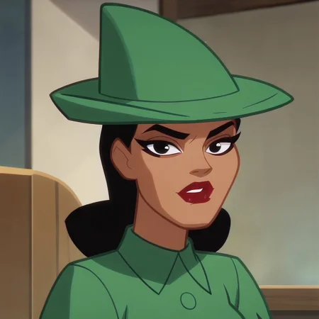 score_9, score_8_up, score_7_up, 1girl, solo, lipstick, black hair, black eyes, dark skin, green dress, green hat, Renee Montoya (dc), looking at viewer, cartoon_screencap, indoors