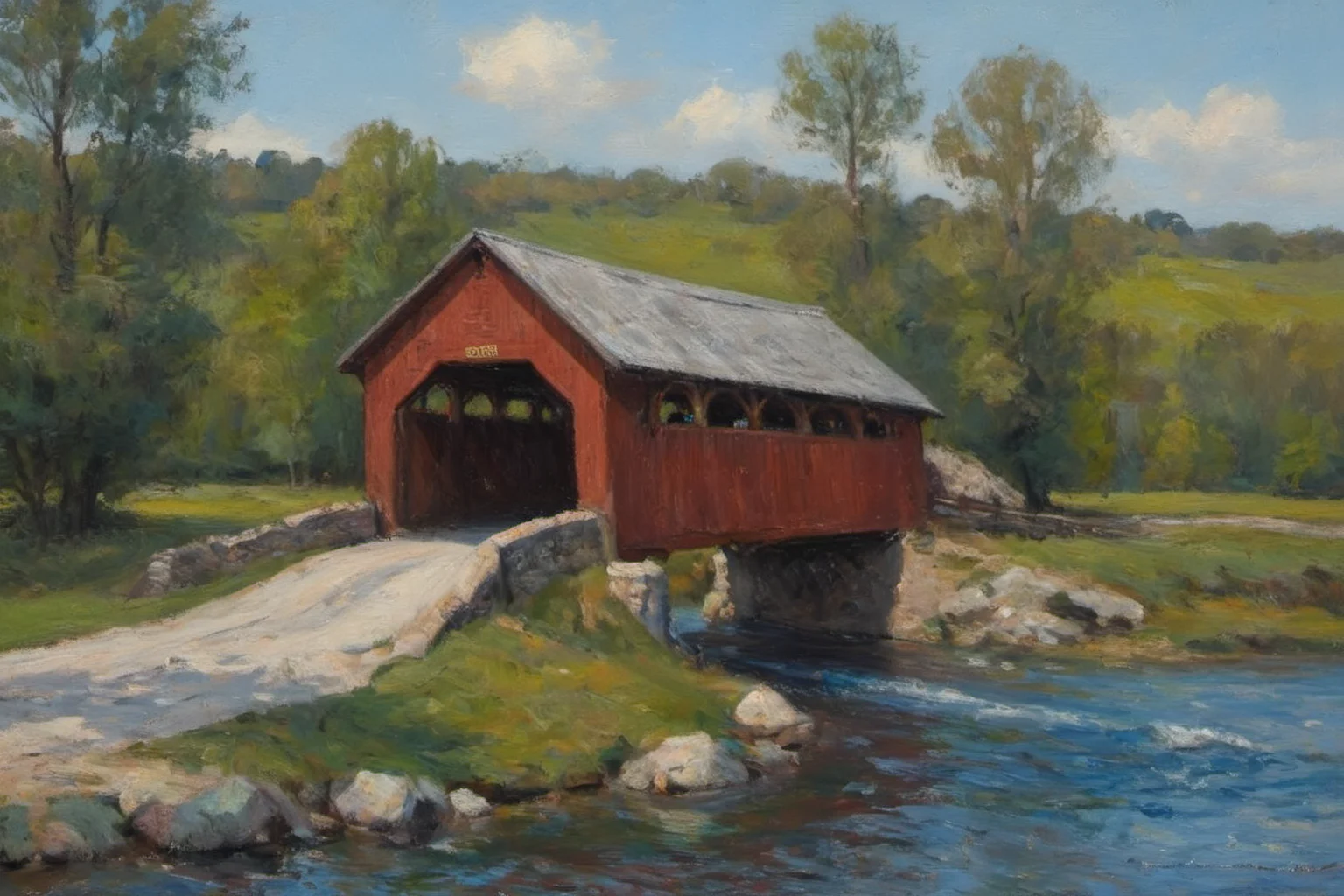 <lora:Wolvie_n3br1dg3s_v1.1:1> n3br1dg3s, an oil painting of a covered bridge, river cross view, painted blue, signed by "A.I. Wolvie", colorful, saturated, textured, 32k, fantastic realism, complex background, painting, master painter, 1700s, <lora:EldritchImpressionismXL1.5:1> impressionist painting,