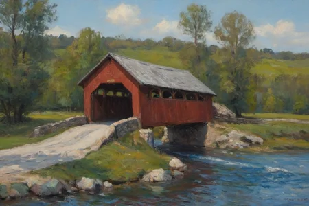 <lora:Wolvie_n3br1dg3s_v1.1:1> n3br1dg3s, an oil painting of a covered bridge, river cross view, painted blue, signed by "A.I. Wolvie", colorful, saturated, textured, 32k, fantastic realism, complex background, painting, master painter, 1700s, <lora:EldritchImpressionismXL1.5:1> impressionist painting,