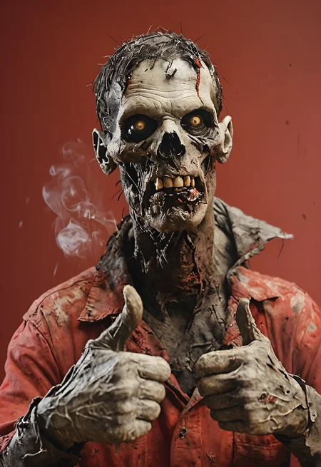 zombie, face half rotted off,smoke,thumb-up,white hand, pure red background <lora:AshleyWoodArtAIcc:0.8> <lora:thumb-up2:1>