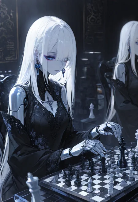 masterpiece, best quality, good quality, very awa, very aesthetic, absurdres, newest, 
Cinematic Lighting, (sexy, slutty, hot, aroused), 
Automaton, colored skin, robot girl, robot joints, white hair, blue eyes, long hair, metal_skin, barcode,
chessboard, intellectual, focused expression, floral pattern, detailed embroidery, seated, professional setting, concentration, thoughtful pose, competitive, background blur, chess pieces, earrings, subtle makeup, high-quality, elegant style, indoor, soft lighting, feminine, intelligence, strategy, game of chess, black dress, board game, looking at chessboard, intricate design, sophisticated atmosphere
