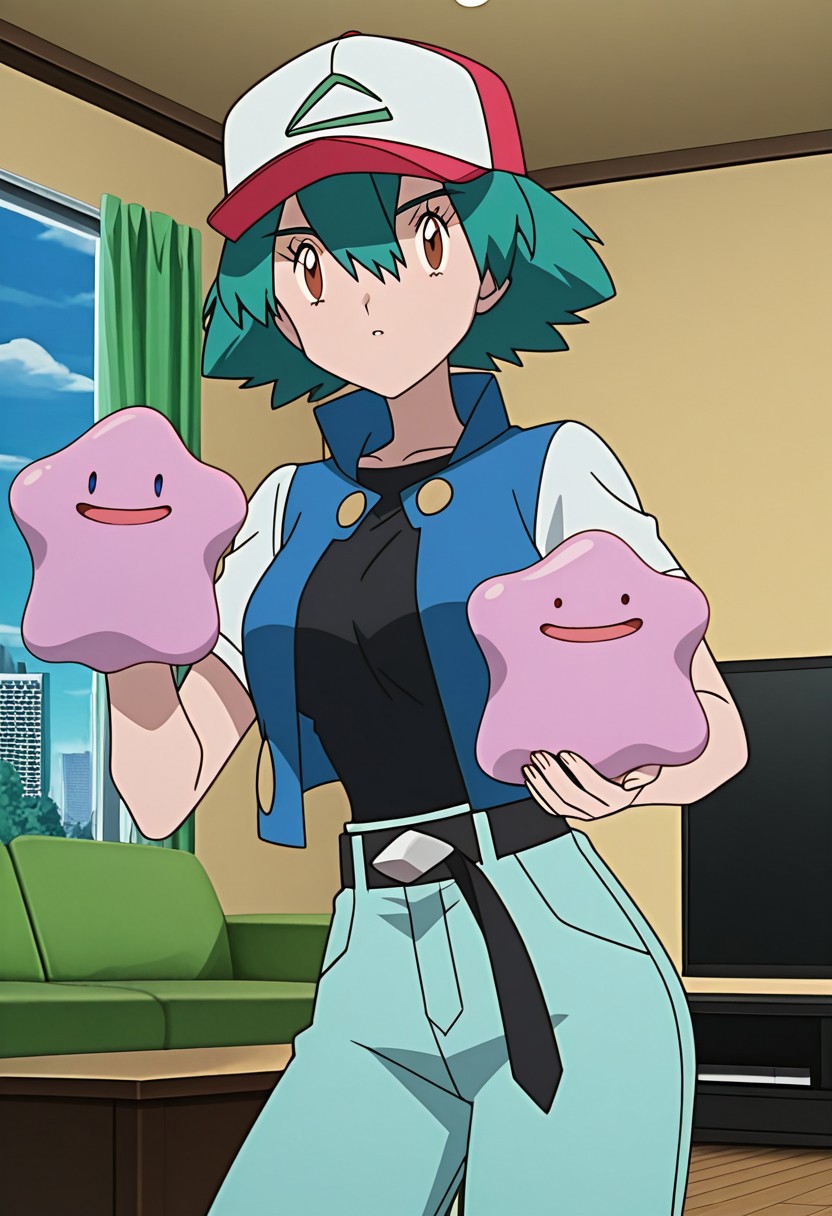 score_9, score_8, score_7, anime_screencap, anime_coloring, source_anime, high_res, rating_questionable,, uncensored,
pkmnduplica, 1girl, green hair, aqua hair, bangs, hair between eyes, brown eyes,
baseball cap, short hair, blue jacket, white sleeves, short sleeves, black shirt, belt, sky blue pants,
holding, Pokemon_(/creature/), Ditto, indoors, living room, detailed background