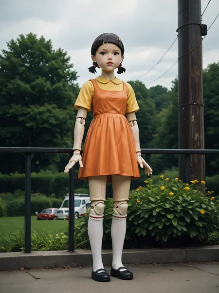 score_9, score_8_up, score_7_up, score_6_up, BREAK, Squidgamedoll, 1girl, solo, short hair, black hair, black eyes, orange dress, hair ornament, socks, doll joints, hair bobbles, short twintails, kneehighs, yellow shirt <lora:Squidgamedoll:1>