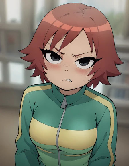 score_9, score_8_up, (dof, blurred background:1.4), kim pine, looking at viewer, 1girl, solo, angry, blushing, freckles, red hair, medium breasts, black eyes, short hair, curvy, portrait, above shoulder, head shot, green track jacket, <lora:KimSDXL:0.75>