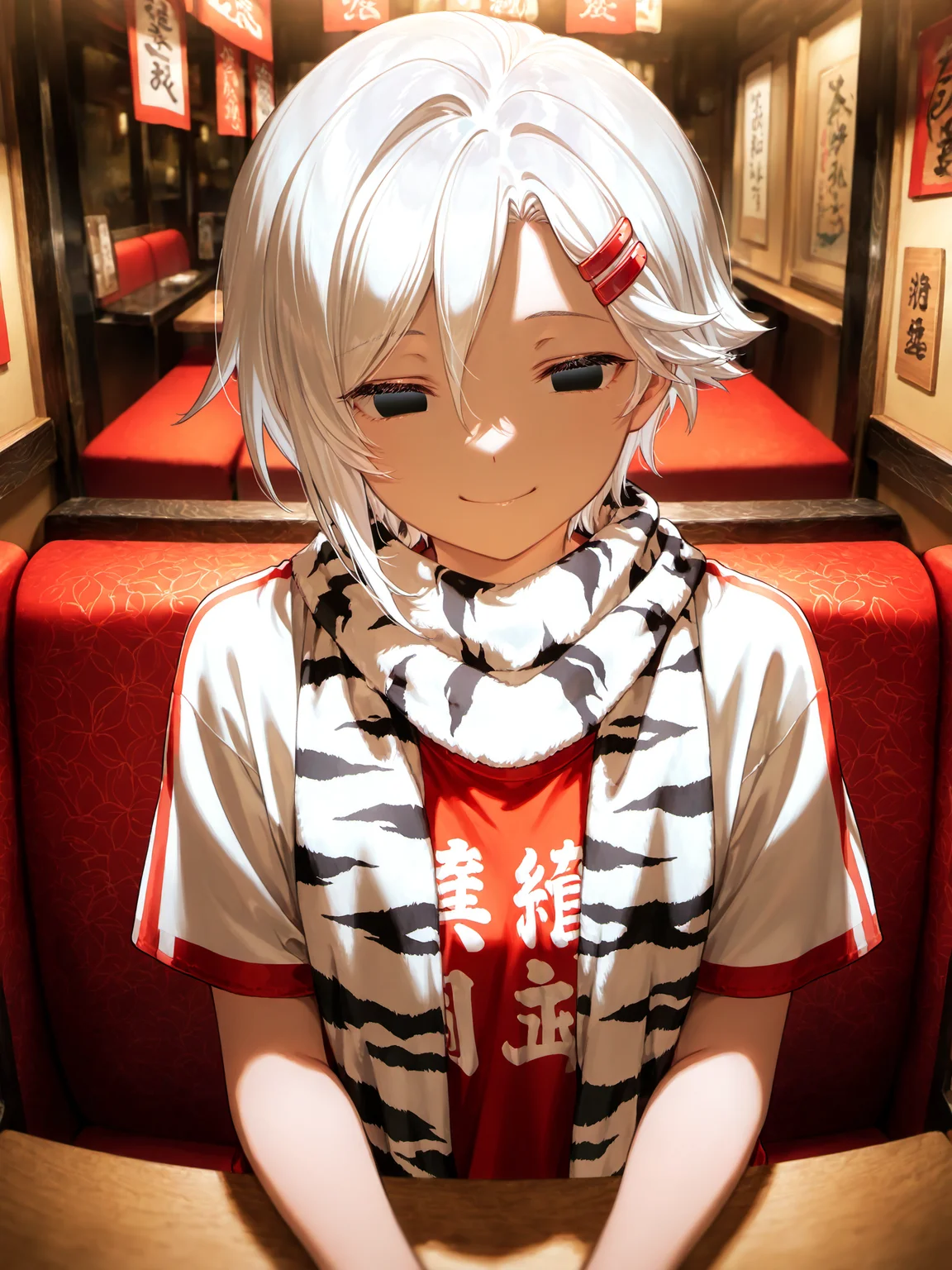 siiqa vivi, shuri \(84k\) <lora:ShiromiXL:1> Shiromi_YS, 1girl, short hair, empty eyes, tiger print scarf, hairclip, scarf, smile, white hair, ikayaki, indoors, restaurant, booth seating, solo, 
masterpiece, best quality, amazing quality, very aesthetic, absurdres, newest, lazypos, <lora:cfg_scale_boost:0.9>, t-shirt, short sleeves, jersey, casual,