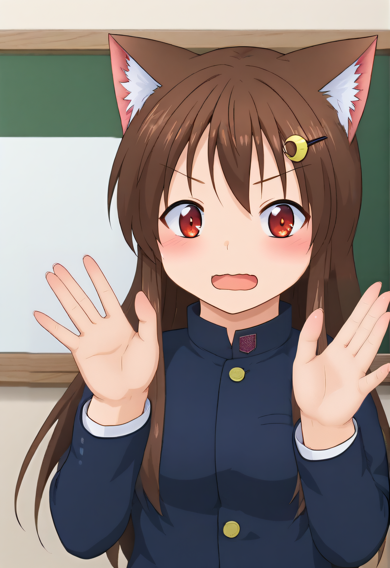 score_9, score_8_up, score_7_up, source_anime, rating_safe, intricate details, anime screencap, official style, 1girl, solo, <lora:Mayuzuki_Otofuru:1>, mayuzuki, brown hair, long hair, cat ears, red eyes, hair ornament, school uniform, black gakuran, looking at viewer, indoor, cowboy shot, classroom, blush, open mouth, wavy mouth, hands up, five fingers