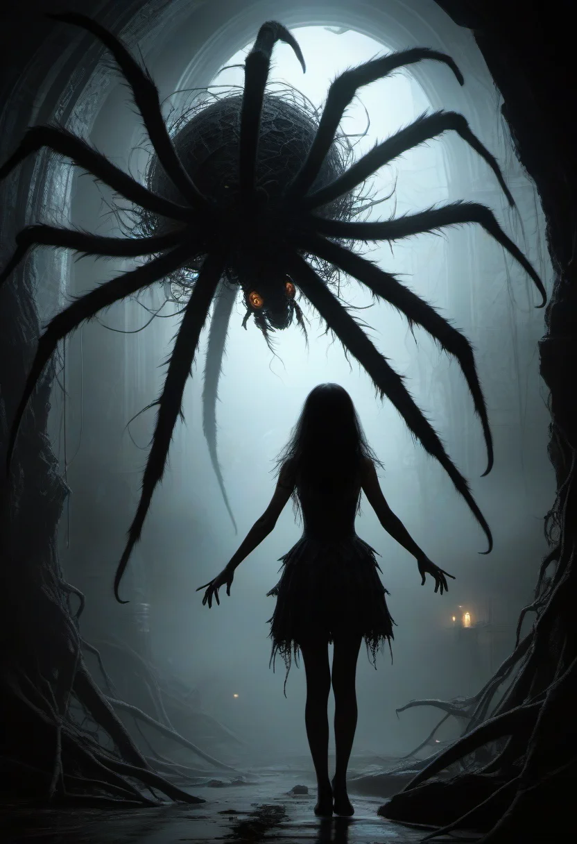 Horror-themed furry , (dramatic scene:1.4), (fractal art:0.4), fantasy style, dynamic angle
famous artwork by (winona nelson:1.2) and (justin sweet:1.3) and (antonio j. manzanedo:1.2) and (karl kopinski:1.1), (dramatic scene:1.1), (fractal art:1.1),
1Girl, a human posing with a giant Spider
<lora:add-detail-xl:2> . Eerie, unsettling, dark, spooky, suspenseful, grim, highly detailed