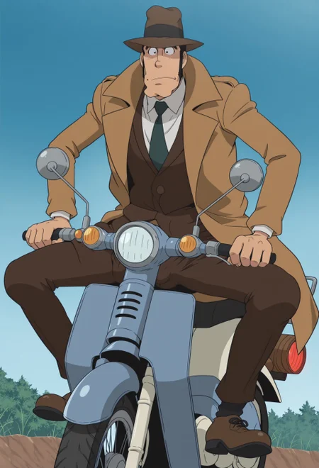 solo, masterpiece, modern, new, 1boy, male, masculine face, daddy looking face,

LupinZenigata, black hair, sideburns, fedora, trench coat, necktie, shirt, sitting down, sitting on motorcycle, manspreading, small bulge