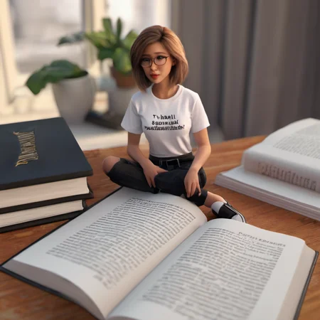 small tiny female <lora:loha_giants_shrinks-tokens_see_civitai_page-0.8_weight-by_AI_Characters:1> ,wearing white t-shirt, sitting on a open book, on a table, photorealistic, detailed
