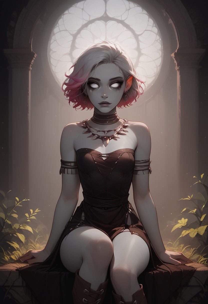 score_9, score_8_up, score_7_up, zPDXL3, 21 years old, 1girl, tribal, Changeling, (gray skin:1.2), white eyes, pink highlights, white hair, dark eyelids, sexy body, (beautiful face:1.1), (small breasts:1.2), dark eye makeup, dark colors, sitting on the steps of an abandoned cathedral, intricate ballroom gown, HD, hi-res, (stunning cinematography:1.2), masterpiece, highest detail, god lighting, light particles, looking up and out of frame, wide shot, leg up, tall boots, dress hiked up