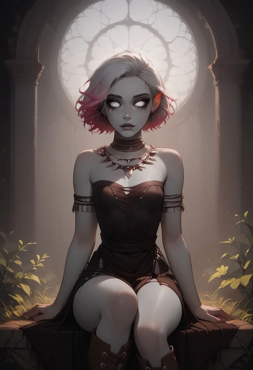 score_9, score_8_up, score_7_up, zPDXL3, 21 years old, 1girl, tribal, Changeling, (gray skin:1.2), white eyes, pink highlights, white hair, dark eyelids, sexy body, (beautiful face:1.1), (small breasts:1.2), dark eye makeup, dark colors, sitting on the steps of an abandoned cathedral, intricate ballroom gown, HD, hi-res, (stunning cinematography:1.2), masterpiece, highest detail, god lighting, light particles, looking up and out of frame, wide shot, leg up, tall boots, dress hiked up
