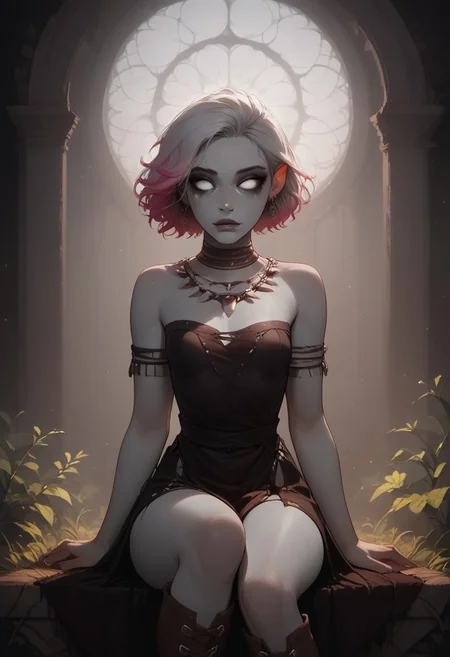 score_9, score_8_up, score_7_up, zPDXL3, 21 years old, 1girl, tribal, Changeling, (gray skin:1.2), white eyes, pink highlights, white hair, dark eyelids, sexy body, (beautiful face:1.1), (small breasts:1.2), dark eye makeup, dark colors, sitting on the steps of an abandoned cathedral, intricate ballroom gown, HD, hi-res, (stunning cinematography:1.2), masterpiece, highest detail, god lighting, light particles, looking up and out of frame, wide shot, leg up, tall boots, dress hiked up