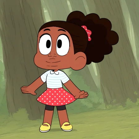 1girl, Score_9, black eyes, big eyes, smile, full body, Jessica_Cotc, white shirt with blue stripes, black eyebrows, black short, yellow shoes, Solo, standing, red hair band, in a forest, brown skin, red skirt with white polka dots, hairstyle big fluffy ponytail, expressive eyes, short stature