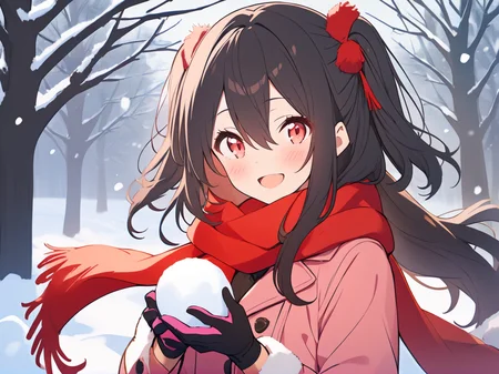 1girl,
solo, outdoors, holding snowball, snow, smile, pink gloves, holding, looking at viewer, winter coat, black hair, upper body, gloves, pink coat, snowing, winter clothes, open mouth, red scarf, scarf, bare tree, tree, hair between eyes, blush, fur trim, coat, red eyes, black gloves, long hair, fur-trimmed coat, snowball, winter gloves, two side up, two-tone gloves,
masterpiece, best quality, safe
<lora:mki-ani31-TMND-v2-000050:1>