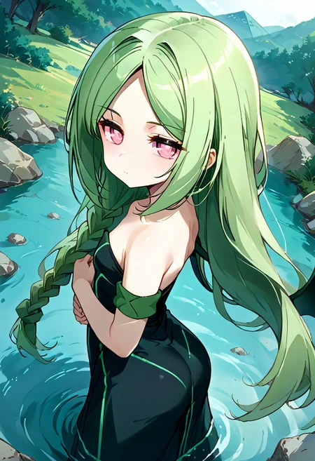score_9, score_8_up, score_7_up, source_anime, momose kajitsu, 1gril, solo, green hair, long hair, parted bangs, twin braids, pink eyes, small breasts, bare shoulders,green striped black dress,strapless, strapless dress, long dress, green armband, wings, barefoot,, ass focus, leaning foward, pose, closeup, look at viewers, in hotspring, steam, rock, grass, high resolution water, submerged in water, expressionless,, cowboy shot, dutch angle, eye_focus, close-up, solo, looking_at_viewer,