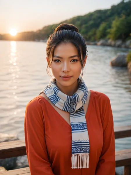 score_9, score_8_up, score_7_up, BREAK, hyper-realistic, ultra-detailed portrait, Laotian woman with shoulder-length black hair, Asian woman from Laos, (traditional silk scarf, modern blouse), standing by a riverside, soft sunset glow, golden light reflecting on the water, calm and serene expression, intricate fabric textures, natural skin tone, cinematic background of the river, gentle breeze, detailed facial features, soft warm tones, quiet and peaceful atmosphere, cultural beauty in harmony with nature <lora:face_weak_sevenof9:0.2>