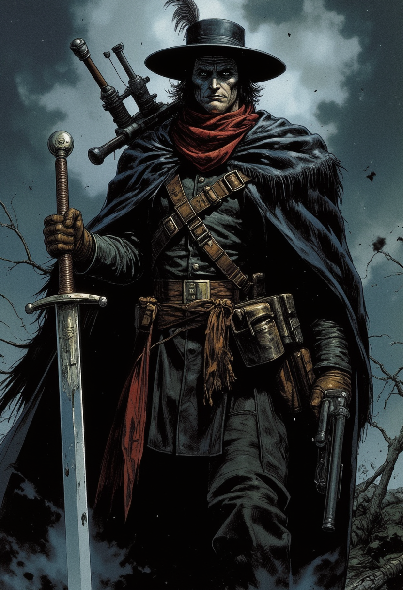 A man hunter dressed in a dark and ominous outfit, holding a large sword in his left hand and a gun in the right hand. He is wearing a black hat with a feather on top, a black cloak with fringes, and a red scarf around his neck. The cloak is draped over his shoulders and he has a large backpack on his back with various weapons attached to it. The background is dark and foggy, giving the impression of a stormy sky. The man appears to be in a battle-ready stance, ready for battle. Bloodborne art.