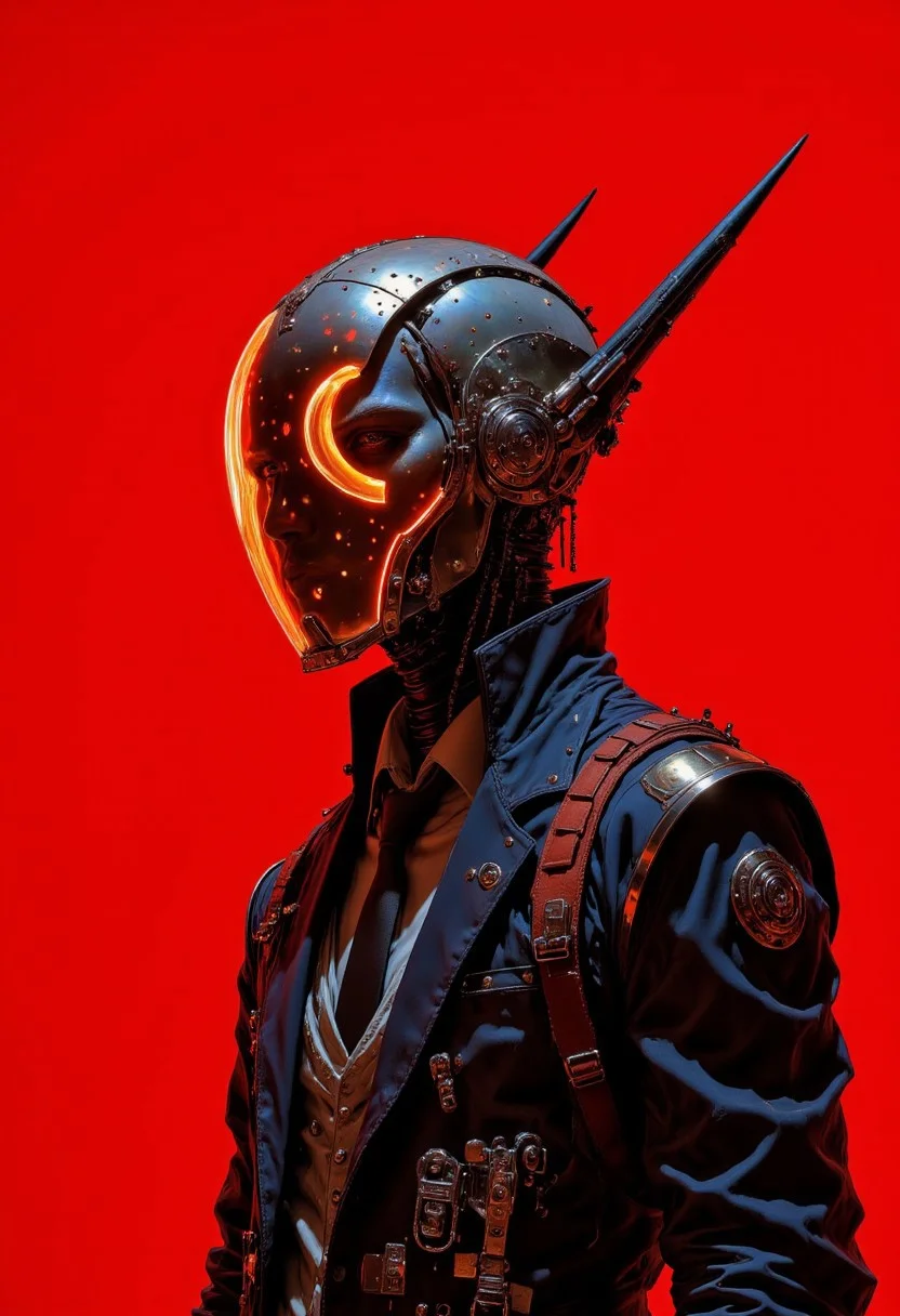 Hyper-realistic, futuristic illustration featuring a straight, upper body shot of a man in an urban-inspired, metallic-detailed suit. He wears a sharply tailored jacket, sleek shirt, and tie with streamlined edges. A high-tech utility belt at his waist holds small, intricate gadgets, enhancing his advanced, functional look. Atop his head rests a surreal chrome crown with elongated, glossy extensions that shimmer with subtle iridescence, adding a regal yet futuristic touch. His pale skin contrasts against a vivid red background illuminated by a retro, glowing film light, with red tints and subtle backlighting that bathes the scene in warm, nostalgic hues. He wears a striking, wraparound visor inspired by Cyclops from X-Men, which spans from temple to temple, sitting low across the bridge of his nose. The visor’s central band is translucent with a smoky red hue, featuring a vivid neon orange-red core that glows like a concentrated energy band. The edges of the visor are framed in polished chrome, with beveled, finely etched details adding sophistication. The lens itself has a faint mirrored finish, subtly reflective with holographic flecks that shimmer and shift as he moves. This sleek, futuristic eyewear blends seamlessly with his composed stance, creating a powerful, high-tech aesthetic against the glowing red backdrop. The intricate visor, paired with the urban suit, completes his enigmatic, modern look in ultra-detailed realism.