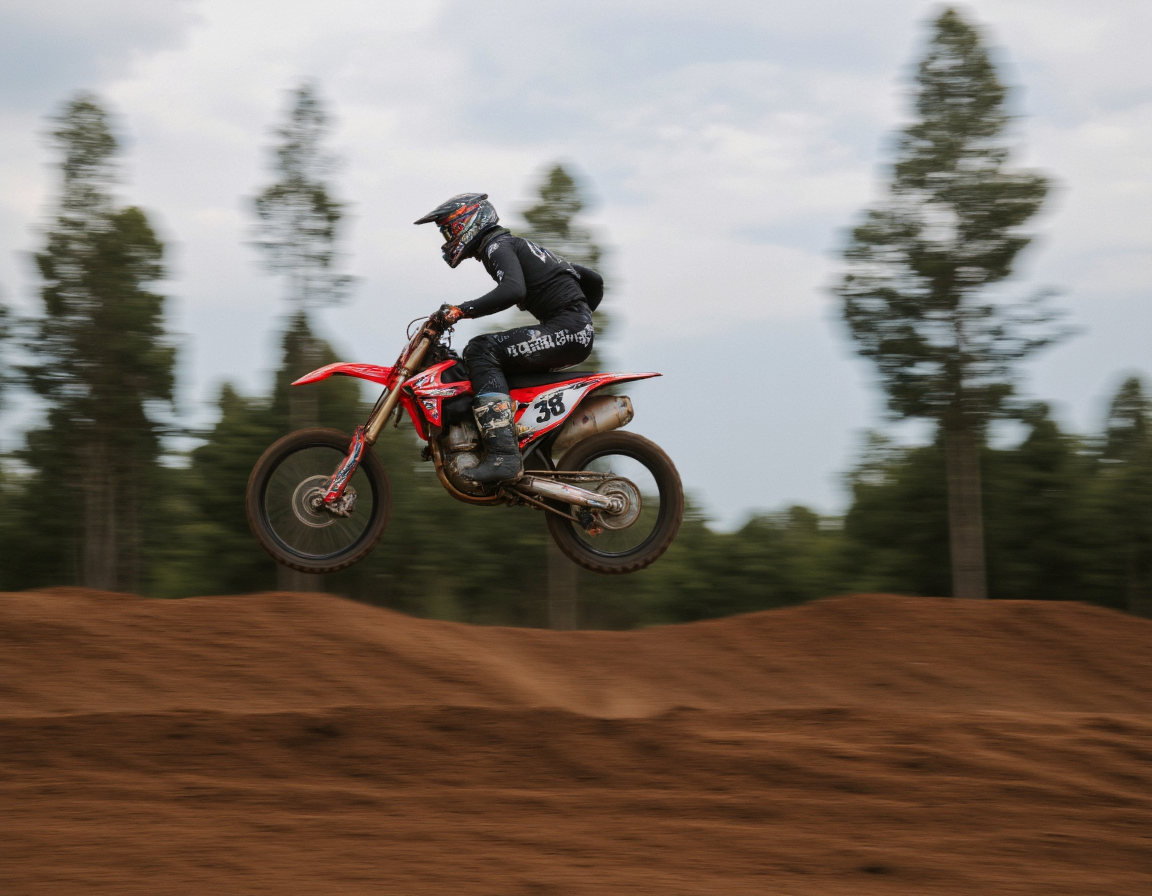 <lora:{blur, }Blur-000018:0.85> blur, motocross rider, red and black dirt bike, in mid-air, motion blur, hyperreal, dramatic lighting, soft focus on the sky and trees, natural setting with trees and dirt track,  light gray and light blue sky,  intense action shot,  rider in black motocross gear with white accents,  number 38,  focused on the bike and rider,  FXR branding,  dirt track,  vibrant colors. . 35mm photograph, film, bokeh, professional, 4k, highly detailed