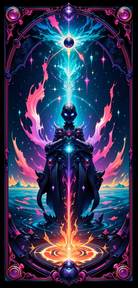 A stylized Tarot card named 'The Celestial Mariner,' featuring a grand, futuristic galleon navigating the stars. The galleon, inspired by the legendary 'Lisette,' is crafted from a fusion of dark, polished wood and glowing, crystalline technology, with ethereal sails made of shimmering light that ripple like waves of energy. The ship sails through a vast, cosmic ocean filled with neon constellations and swirling galaxies, reflecting the boundless dreams of the universe. In the center of the card, 'The Celestial Mariner' stands poised, cloaked in a flowing robe that blends deep space blues with vibrant neon accents. Their face is obscured by a sleek, metallic mask, with glowing eyes that gaze into the infinite. They hold a luminous astrolabe, casting beams of light that map out the constellations in the surrounding space. The cardâs border is adorned with intricate, intertwining designs of ancient nautical symbols fused with futuristic circuitry, pulsating with a soft, otherworldly glow. The color palette is a balance of deep, subdued tones and vibrant neon highlights, creating a sense of mystical wonder and cosmic navigation, as if the card itself holds the key to unlocking the secrets of the stars.
<lora:abstract_render_flux:0.4>,<lora:Painted_World_Flux:0.8>,<lora:Dreamwave_FLUX:0.6>,<lora:dreamlands_flux:0.6>,