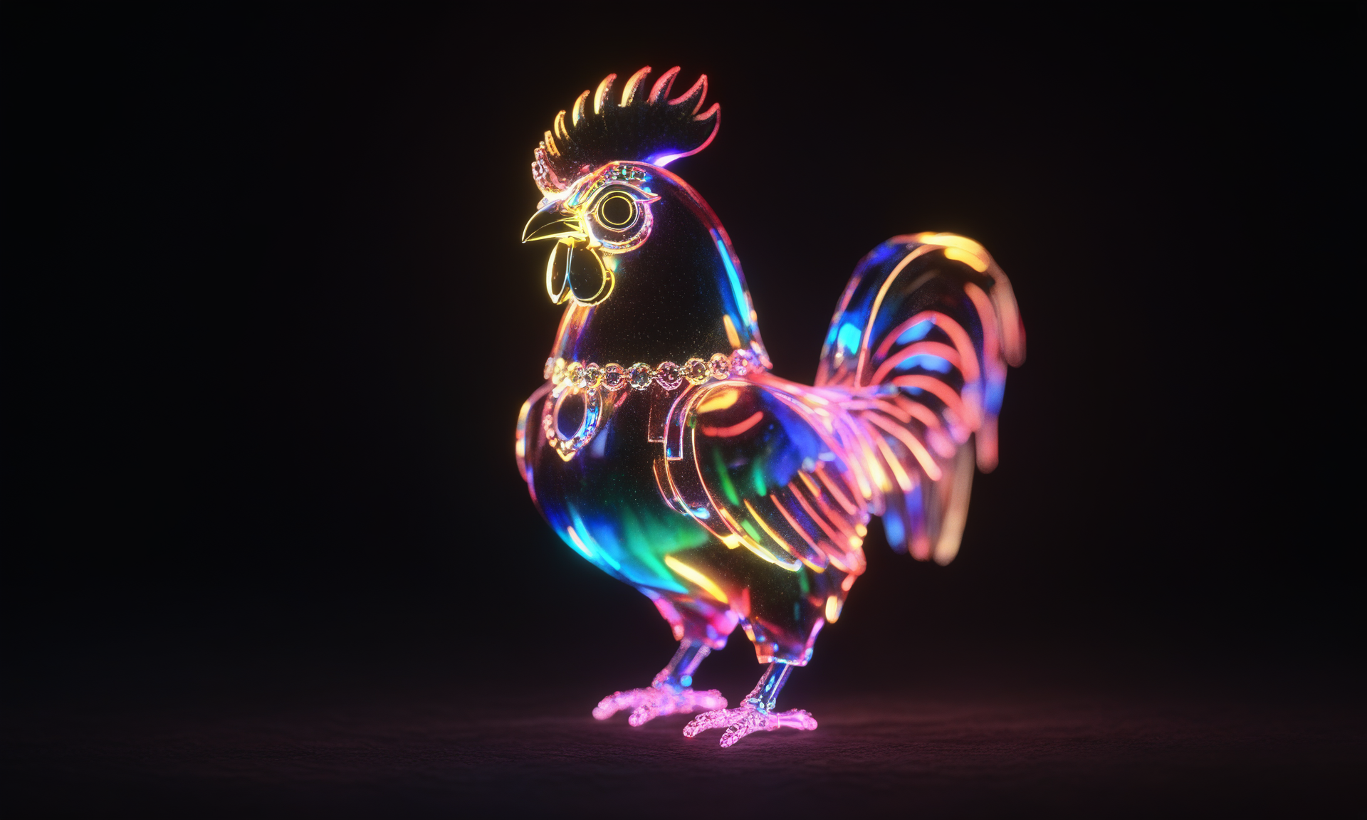 <lora:shineglasscd_xl-000005:0.7>,a (shineglasscd_xl,shine glass,neon lights,light particles,colorful:1.3,gradient,chromatic aberration) mechanical cock,no humans,long-focus,tilt-shift,dark background,simple background,full body,chinese zodiac,cutie,cute,still life,front view,facing viewer,looking at viewer, emotional,harmonious,high budget,moody,epic,gorgeous,perfect lighting,realistic,photorealistic,photographic,photo (medium),real,moody lighting,volumetric lighting,reality ray tracing,8K,HDR,UHD,masterpiece,best quality,highly detailed,high resolution,finely detail,extremely detailed,ultra detailed,wallpaper