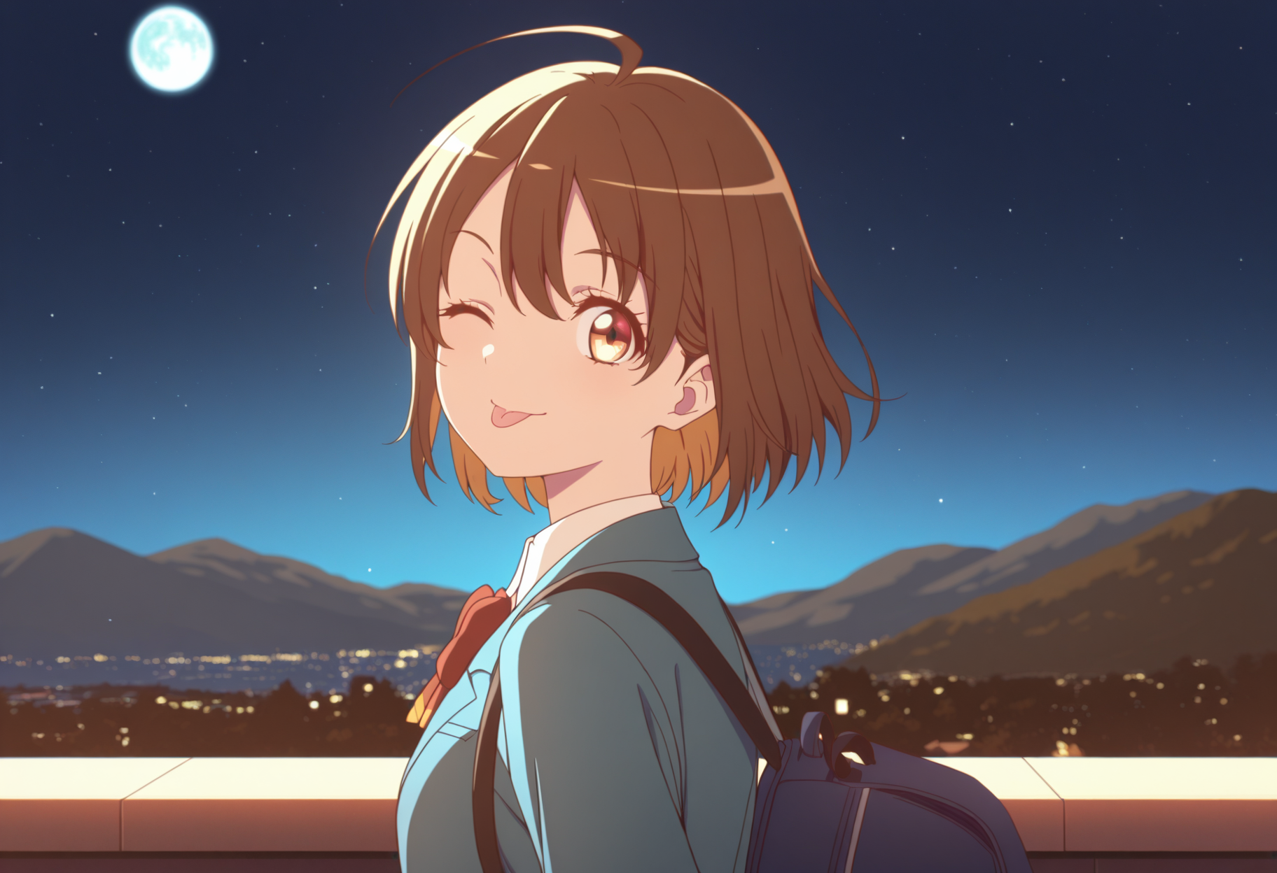 masterpiece, best quality, very aesthetic, anime, detailed background, 1girl, looking at viewer, smile, outdoors, wink, :p, night, medium shot
  <lora:KanataMisora_NaNare:0.9> kanatamisora, brown hair, brown eyes, ahoge, short hair, side view, looking back, windy
school uniform, bowtie, blue jacket, dark blue backpack, stars, moon