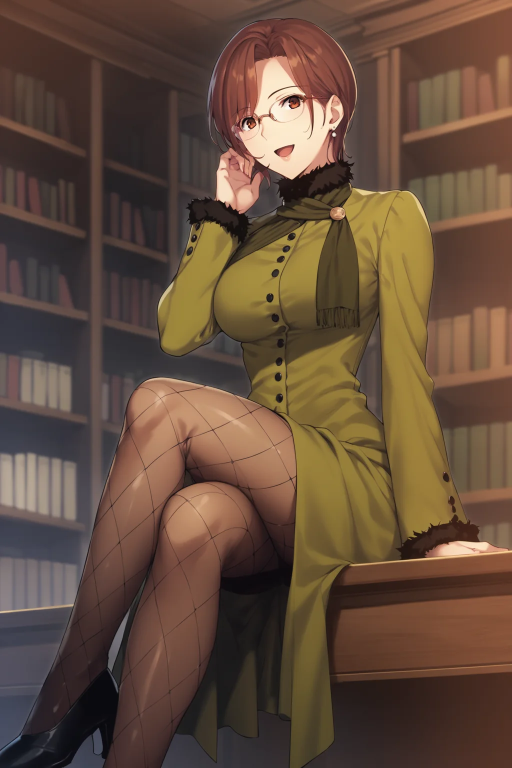 score_9, score_8_up, score_7_up, score_6_up, score_5_up, source_anime, rating_safe, medium breasts, indoors, library, 1girl, solo, <lora:age_slider_v4:3>, aozaki touko, brown hair, short hair, brown eyes, glasses, dress, long sleeves, green dress, scarf, fishnets, fishnet pantyhose, highheels, <lora:Touko_Aozaki:0.8>, dynamic pose, (full body:1.1), open mouth, sitting on desk