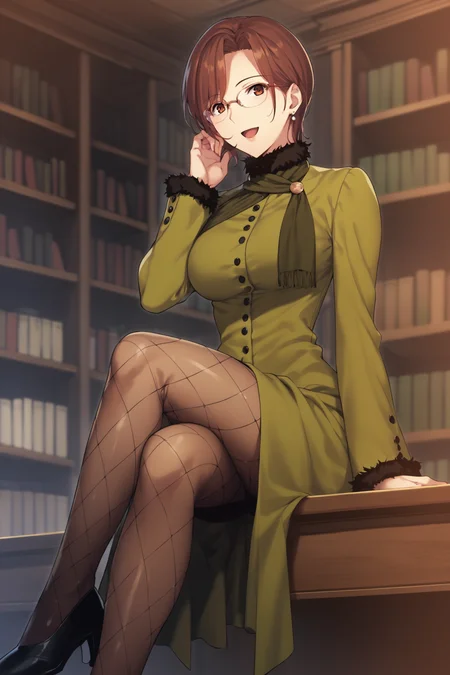 score_9, score_8_up, score_7_up, score_6_up, score_5_up, source_anime, rating_safe, medium breasts, indoors, library, 1girl, solo, <lora:age_slider_v4:3>, aozaki touko, brown hair, short hair, brown eyes, glasses, dress, long sleeves, green dress, scarf, fishnets, fishnet pantyhose, highheels, <lora:Touko_Aozaki:0.8>, dynamic pose, (full body:1.1), open mouth, sitting on desk