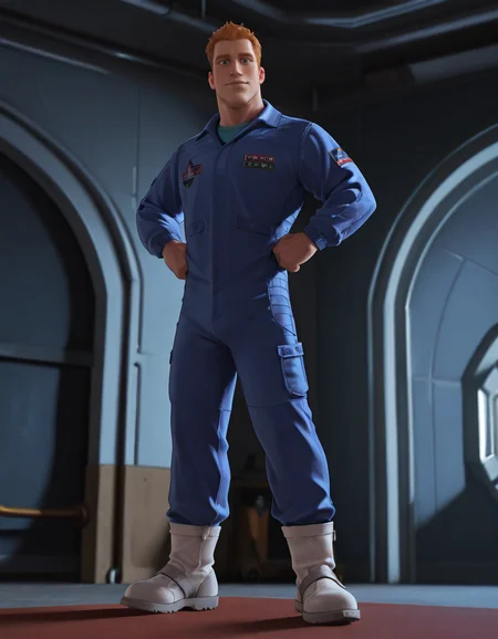 cinematic_depth, 8k, soft_lighting, warm_glow, ultra_high_quality, masterpiece, best quality, newest, perfect quality, best quality, detailed background, intricate details, male focus, solo, realistic, <lora:Planet 51 - Chuck Baker - Illustrious-000006:0.7> c_baker, 1boy, tall male, red hair, blue eyes, solo, full body, looking at viewer, jumpsuit, white boots, indoors, hands on hips