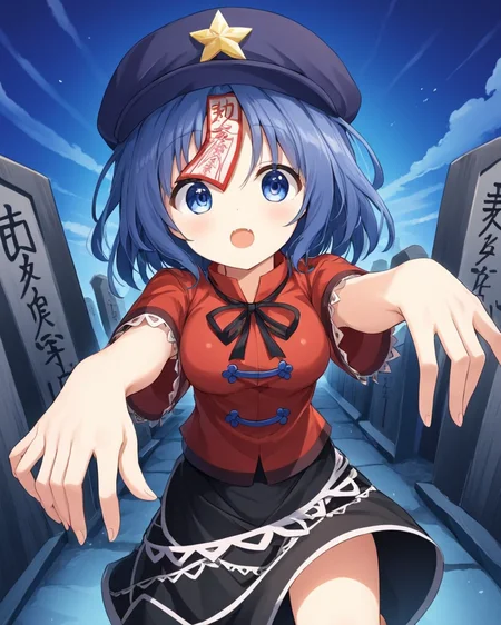 miyako yoshika,1girl, solo, open_mouth, red_shirt, star_\(symbol\), jiangshi, neck_ribbon, black_ribbon, star_hat_ornament, cabbie_hat, ofuda, short_sleeves, black_skirt, zombie_pose, looking_at_viewer, tangzhuang, lace-trimmed_sleeves, fangs, feet_out_of_frame, hitodama, breasts, graveyard, tombstone, cowboy_shot, :d
<lora:miyako_yoshika_image2483_2023-12-20:1>,star-shaped_pupils,symbol-shaped_pupils,. gorgeous,key visual, vibrant, studio anime,award-winning, professional, highly detailed,high budget, cinemascope