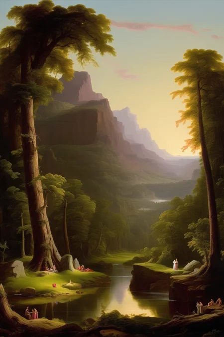 <lora:Thomas Cole Style:1>Thomas Cole Style - A serene Landscape Art-inspired painting by Thomas Cole depicting humble figures amidst vast natural surroundings, evoking a sense of awe and humility