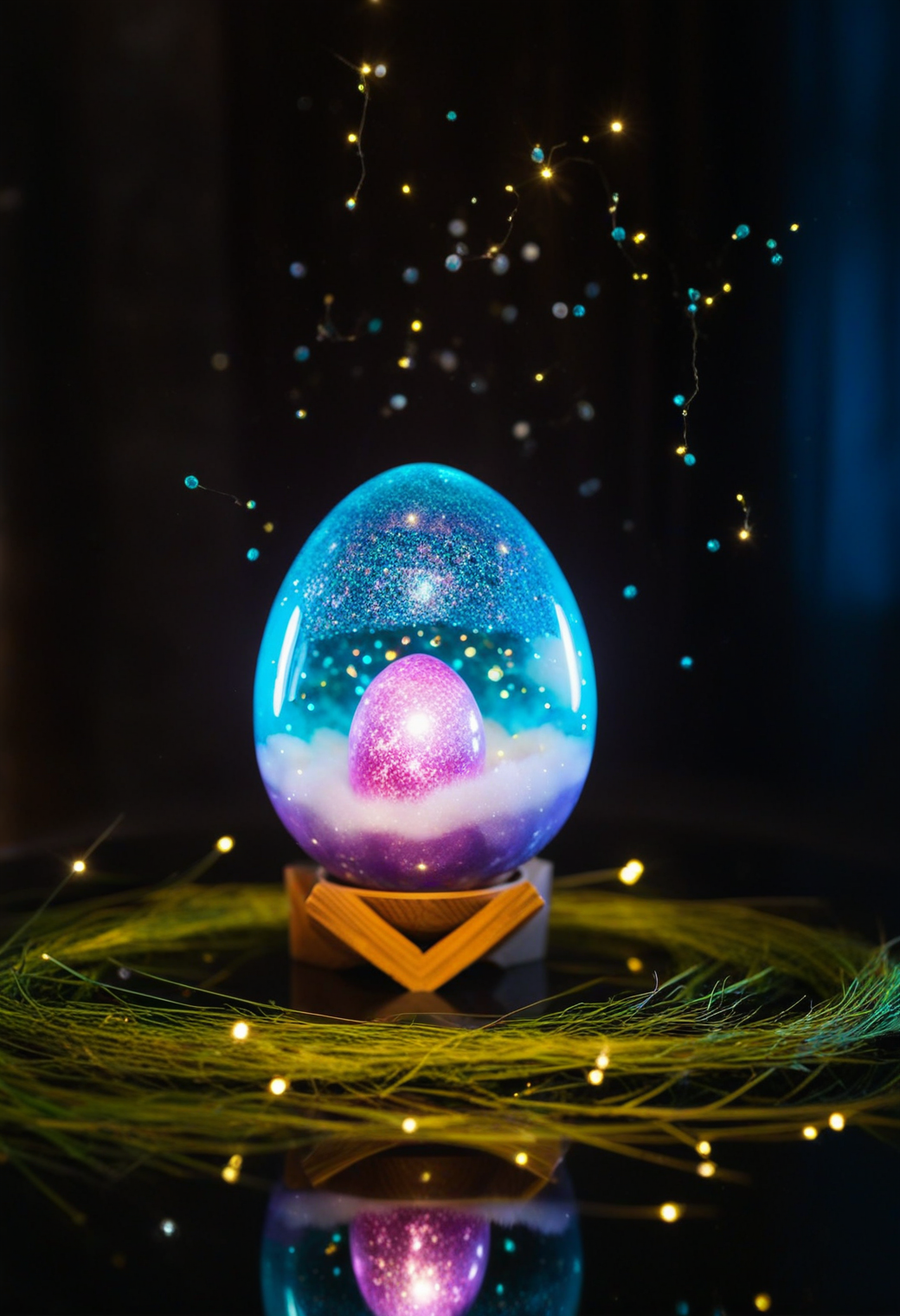 <lora:Sysdeep_EasterEgg:1>, sysdeep_easteregg, crystal easter egg floating mid-air, semi-transparent shell with glowing magical core inside, surrounded by mystic particles, backlit with soft aura, high fantasy, ultra sharp focus