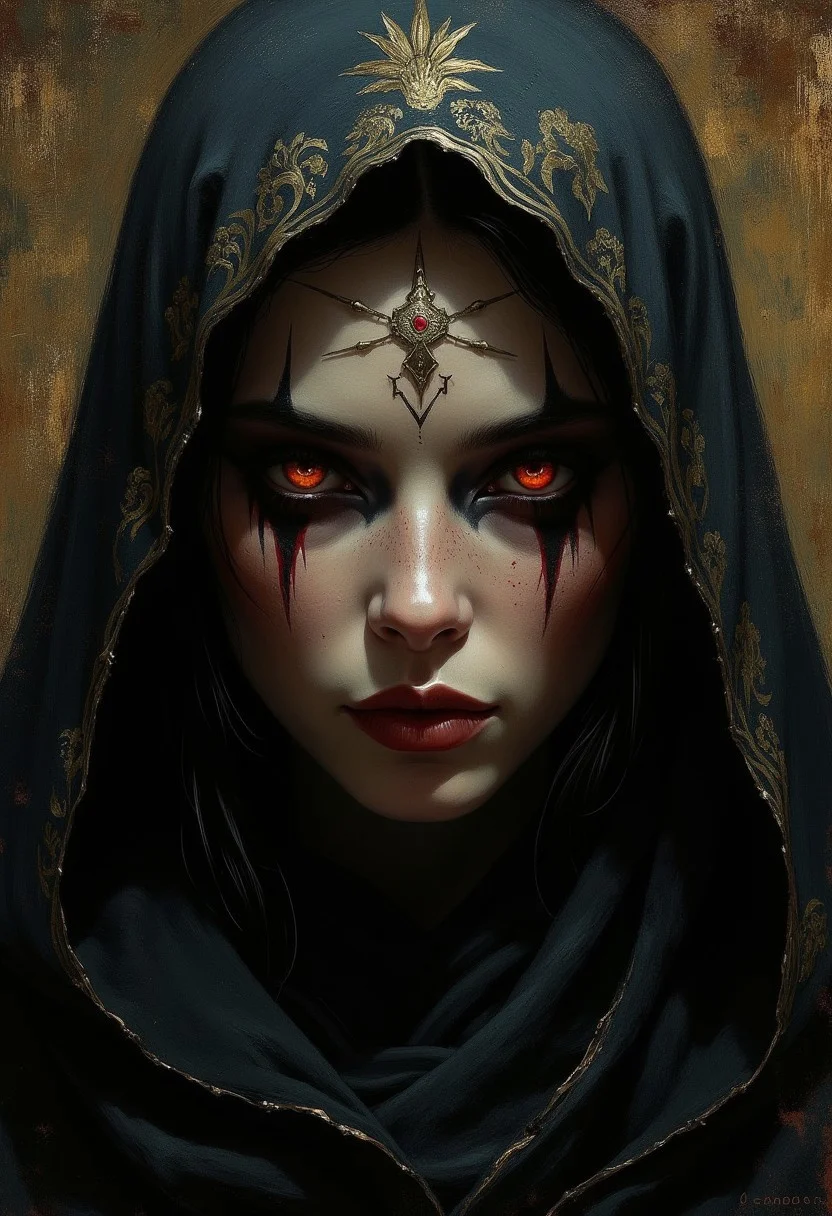 detailed renaissance oil painting, masterpiece, female japanese fantasy sorceress in eldritch garb, dramatic make-up, chiascuro, lighting on face, closeup portrait