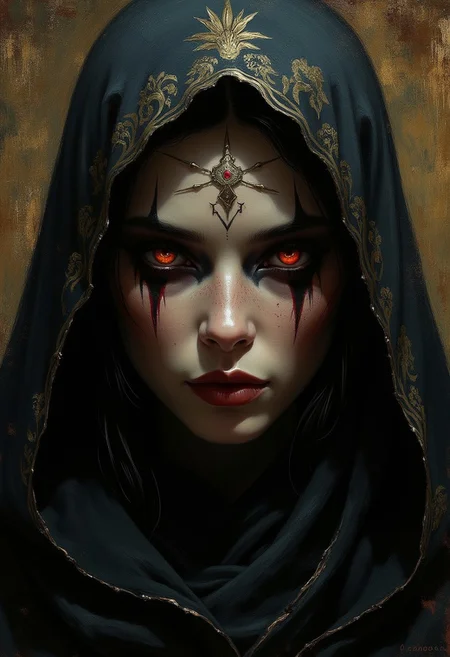 detailed renaissance oil painting, masterpiece, female japanese fantasy sorceress in eldritch garb, dramatic make-up, chiascuro, lighting on face, closeup portrait