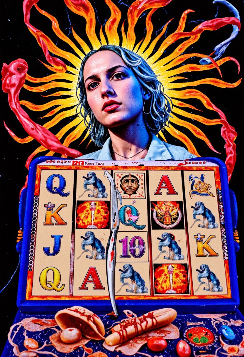 Slot machine graphics from front view . Disturbing scenes of addiction, people injecting drugs heroin, white powder, drinking alcohol smoking cigarettes. very strange surrealist style with holographic vortex featuring swirls of holotropic colour and glowing eyes wet distorted factory shot. On the television sets are glowing hands, with electricity coming off the finger tips. swirling around her head are holograms of  glyphs chaos magick symbols. the room has thick electricity cables and smoke is coming off them. large wet glistening slices of wet soggy ham and hot dogs are floating in the air, dripping gooey sauce combining mustard and blood, there are multiple wet hotdogs floating. on the wall in the background are photos of nuclear explosions