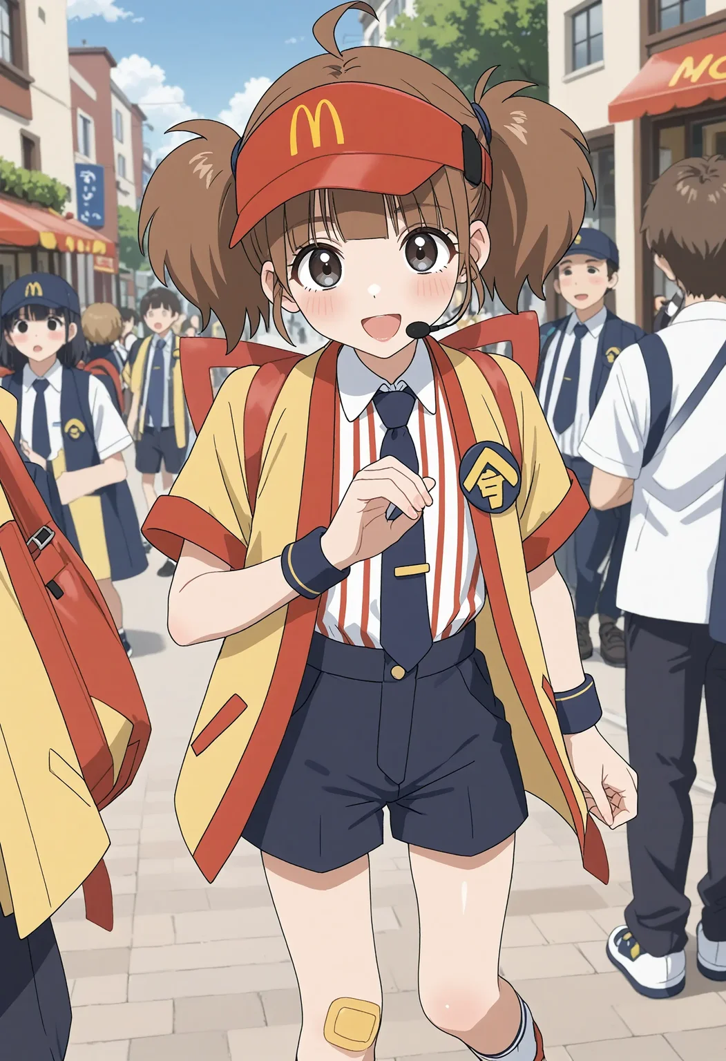 <lora:Hyper-SDXL-8steps-lora:1><lora:Fixhands_anime_bdsqlsz_V1:1> zPDXL2,score_9, score_8_up, score_7_up, masterpiece, best quality, absurdres, high resolution, 8k, official art, official style, source_anime, uncensored, anime screencap, anime coloring, megami magazine, (ai-generated:0.6),
1girl, double_cheese_(mcdonald's), brown hair, short twintails, grey eyes, blush stickers, visor cap, headset, black necktie, vertical-striped shirt, yellow jacket, badge, wristband, black shorts, bandaid on knee, shoes,
standing , heart hand duo, cowboy shot, looking at viewer, dutch angle, Flirty, A playful smile, arched eyebrows, and a slightly tilted head., outdoors, city, japan, audience, crowd,
<lora:M-imadakedabuchitabemi_XL(pony)v10:1>