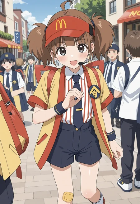 <lora:Hyper-SDXL-8steps-lora:1><lora:Fixhands_anime_bdsqlsz_V1:1> zPDXL2,score_9, score_8_up, score_7_up, masterpiece, best quality, absurdres, high resolution, 8k, official art, official style, source_anime, uncensored, anime screencap, anime coloring, megami magazine, (ai-generated:0.6),
1girl, double_cheese_(mcdonald's), brown hair, short twintails, grey eyes, blush stickers, visor cap, headset, black necktie, vertical-striped shirt, yellow jacket, badge, wristband, black shorts, bandaid on knee, shoes,
standing , heart hand duo, cowboy shot, looking at viewer, dutch angle, Flirty, A playful smile, arched eyebrows, and a slightly tilted head., outdoors, city, japan, audience, crowd,
<lora:M-imadakedabuchitabemi_XL(pony)v10:1>