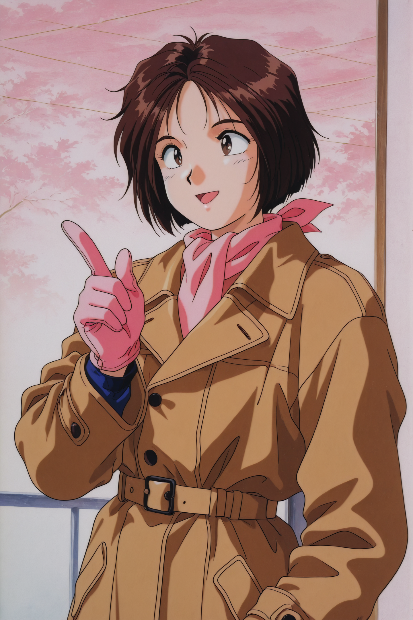 Megumi Morisato,OVA Style,retro artstyle,1girl,solo,1990s \(style\),gloves,short hair,brown hair,brown eyes,pink gloves,smile,open mouth,index finger raised,coat,pointing,scarf,upper body,jacket,
<lora:Ah! My Goddess_illustriousXL:1>,