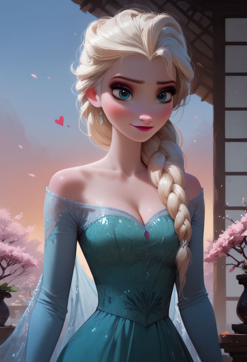 score_9, score_8_up, score_7_up, score_6_up, score_5_up, score_4_up, 
sexy girl,1girl, Elsa, Disney, \(Frozen\)/,(ultra HD quality details), blue eyes, blonde hair, single braid, single braid over shoulder,
blue dress, bare shoulders, long sleeves, bare shoulder, cleavage,
modest look, seducing viewer, hearts, posing, sexy pose, solo, bonsai, sakura, cherry blossom, submission, sunset, flowers, plants, cinematic lightings