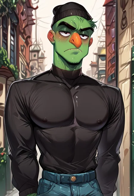 score_9, score_8_up, score_7_up, score_6_up,Be1nn1e,TSMPK Style, morimee_style, XUER guangying, cms, male, full body, solo, pepe_frog, Black clothes, close view, face focus,