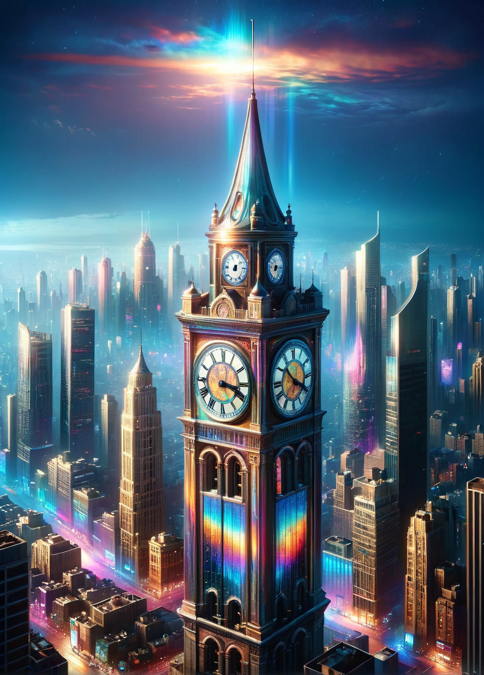 an old old ais-rdscnt clock tower chiming at midnight, with city life swirling behind <lora:ais-rdscnt-sdxl:1>