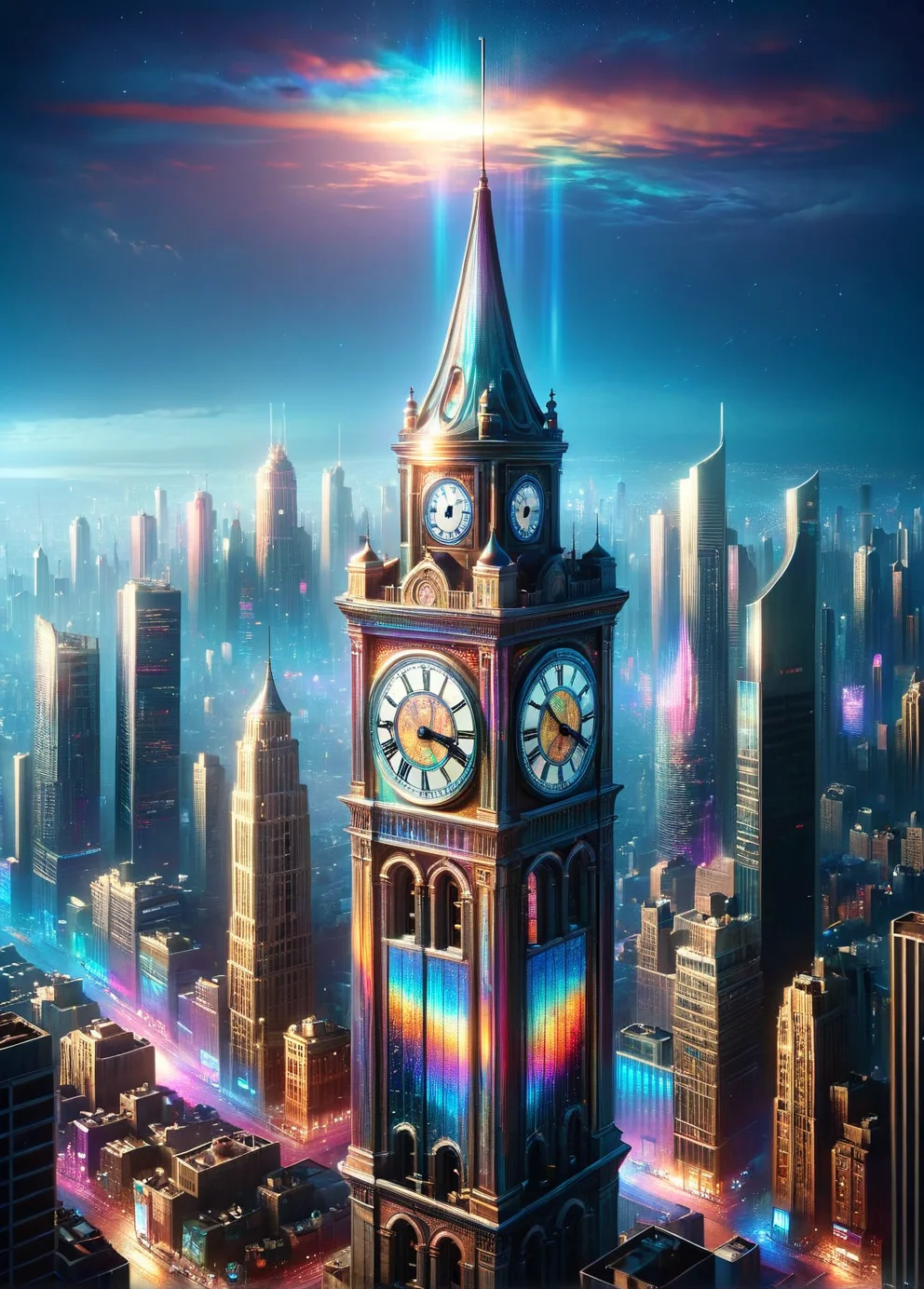 an old old ais-rdscnt clock tower chiming at midnight, with city life swirling behind <lora:ais-rdscnt-sdxl:1>