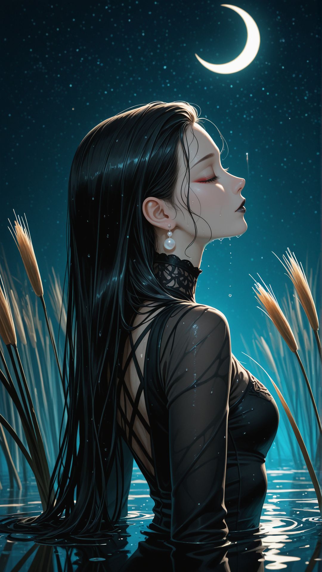1woman, dark theme, (painterly:1.2, pastel \(medium\):1.3), portrait, <lora:add-detail-xl:1>
masterpiece,best quality, absurdres, 
black hair, long hair, wet hair, hair slicked back, (head tilted back), closed eyes, red eyeshadow, fading eyeshadow, black lips, closed mouth, black dress, tight dress, wet dress, long sleeves, hair behind ear, pearl earrings, water drops, water trail,
emerging from water, reflective water, tall reeds, moonlight, crescent moon, starry sky, elegant posture, soft shadows, eerie atmosphere, teal atmosphere, ethereal, mythical presence, gothic beauty, highly detailed, moody
from side, side profile