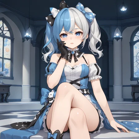 1girl,solo,
(score_9,score_8_up,score_7_up, source_anime,rating_all),
BREAK
crossed legs,hand on own face,
blush,
<lora:mmmemo-joker-psplive-pony6-xl-flyingdeer-e12-r1p:0.8>,
MMMemo,
twintails,medium hair,bangs,
(blue hair, white hair, two-tone hair),(split-color hair:0.7),
(bow, hair bow),
blue eyes,mole under eye,
black glove,asymmetrical gloves,
neck ruff,
detached collar,
bare shoulders,
checkered clothes,asymmetrical clothes,two-tone shirt,
puffy short sleeves,
shorts,puffy shorts,
fantasy,castle,