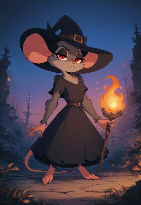 score_9, score_8_up, score_8, solo, (fluffy:0.8), (feral:0.8), outdoors, furry, (((mouse))), female, red eyes, dark fur, black ears, (grey fur), claws, (fluffy cheeks:0.7), (ornate black dress:1.4), (solo:2), bored expression, j_cartoon, (holding staff), night, magical fire, (witch hat)