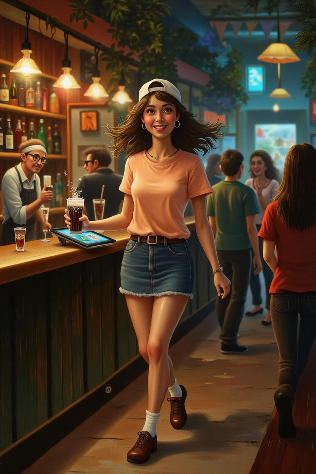 henrirousseau2 painting.
The air buzzes with the energy of a busy bar, a mix of music, conversation, and the clinking of glasses. A barmaid, the embodiment of youthful vibrancy, navigates the lively scene. She wears a peach-coloured T-shirt, the soft fabric contrasting with the smooth, cold glass of coke she carries on a small tablet. Her short skirt adds a playful touch, and a backwards baseball cap hints at a carefree attitude. The setting and atmosphere are palpable: the warm, slightly sticky surface of the bar counter under her fingertips, the dim, colourful lighting that casts playful shadows. Sensory details are abundant: the condensation forming on the glass of coke, the texture of her denim skirt, and the way the bar lights catch the highlights in her hair. Her confident stride, her quick smile, and her efficient movements. Stylistically, the image draws inspiration from the vibrant, candid shots of nightlife photographers, with a touch of the stylized realism found in contemporary illustration. There's a deliberate contrast between the barmaid's youthful energy and the slightly worn, lived-in atmosphere of the bar, creating a dynamic and engaging image.  <lora:henrirousseau2_cap_d6a3:1.0><lora:834015282604487299:0>